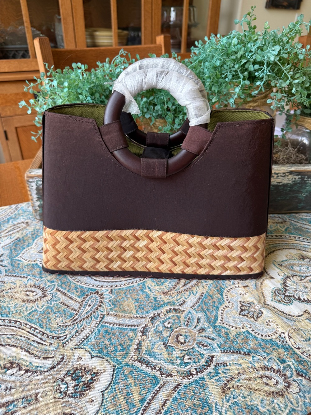 TICO Collection Straw Panel Handbag Brown Satin Round Handles Woven